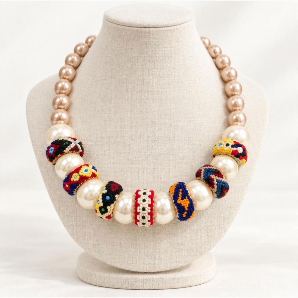 Lenora Dame Designer Pearl Statement Necklace Colorful Textile Beads 18" USA